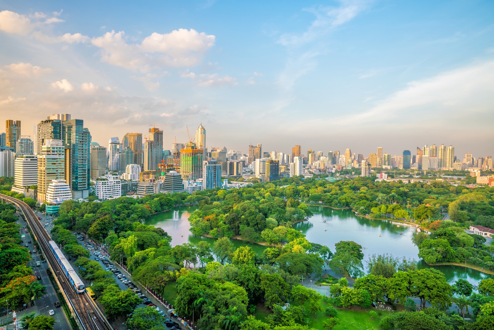 Downtown Bangkok city skyline with Lumpini park  from top view in Thailand
